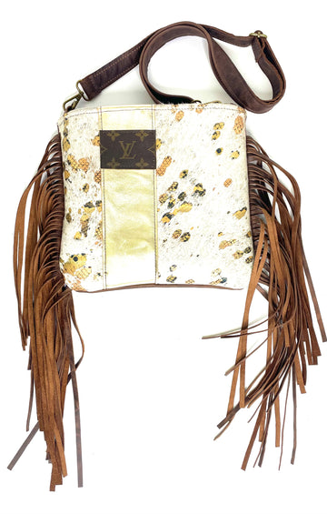 Medium Crossbody with gold snake peek-a-boo and smooth gold strip - Patches Of Upcycling