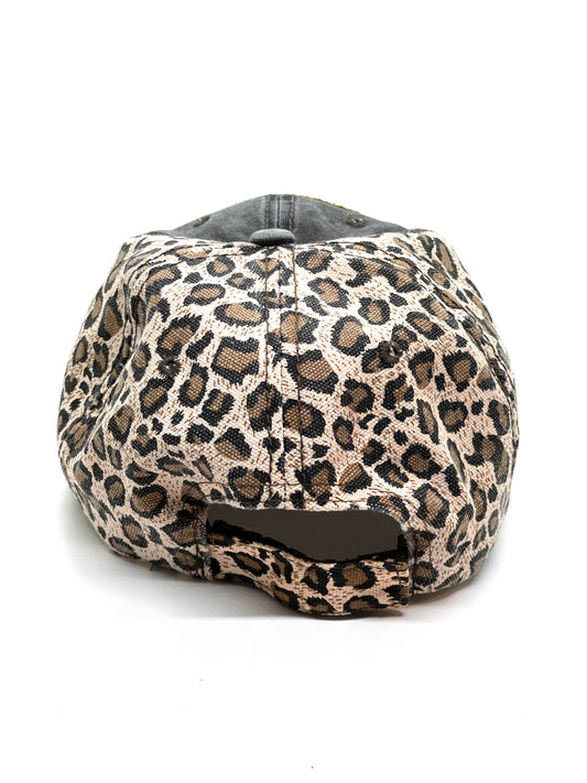 Q3 - Faded Black hat with Reese leopard backing Brown/Antique - Patches Of Upcycling