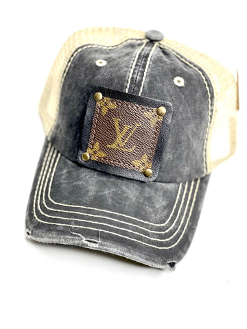 PP9 - Faded Distressed Black Pony Hat with Cream Back Black/Antique - Patches Of Upcycling