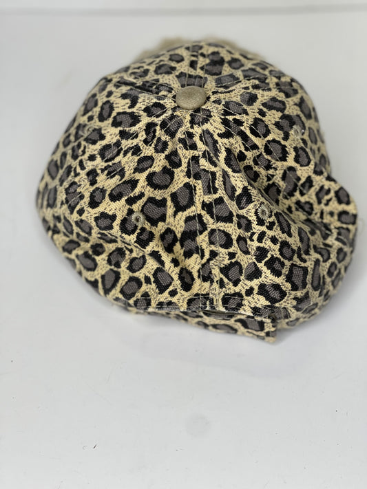 P2 - Cream Leopard hat with Distressed camel bill Brown/Gold - Patches Of Upcycling