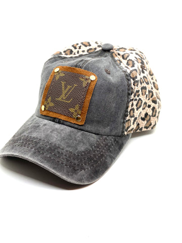 Q3 - Faded Black hat with Reese leopard backing Brown/Antique - Patches Of Upcycling