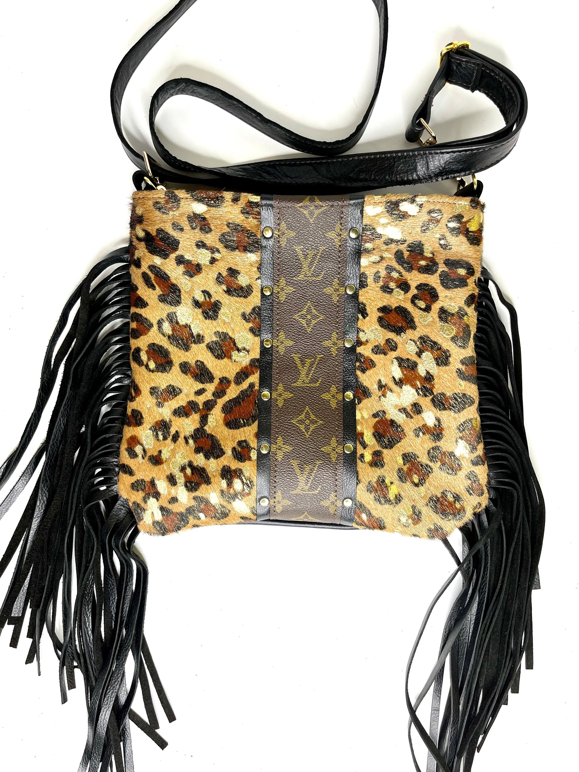 Medium Crossbody - Leopard in Acid Gold- with Black strip hardware Gold - Patches Of Upcycling