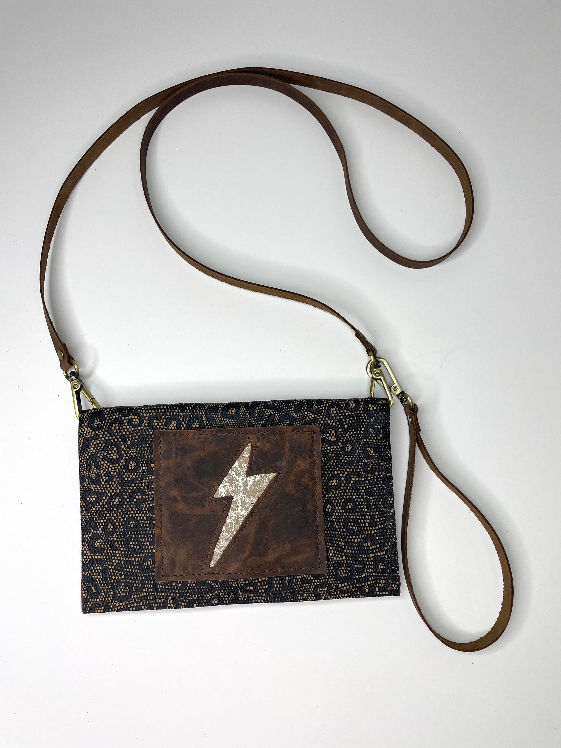 Small Crossbody black snakeskin with brown patch and acid gold lightening bolt - Patches Of Upcycling