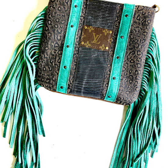 Medium Crossbody textured leopard with turquoise fringe and black and antique hardware - Patches Of Upcycling
