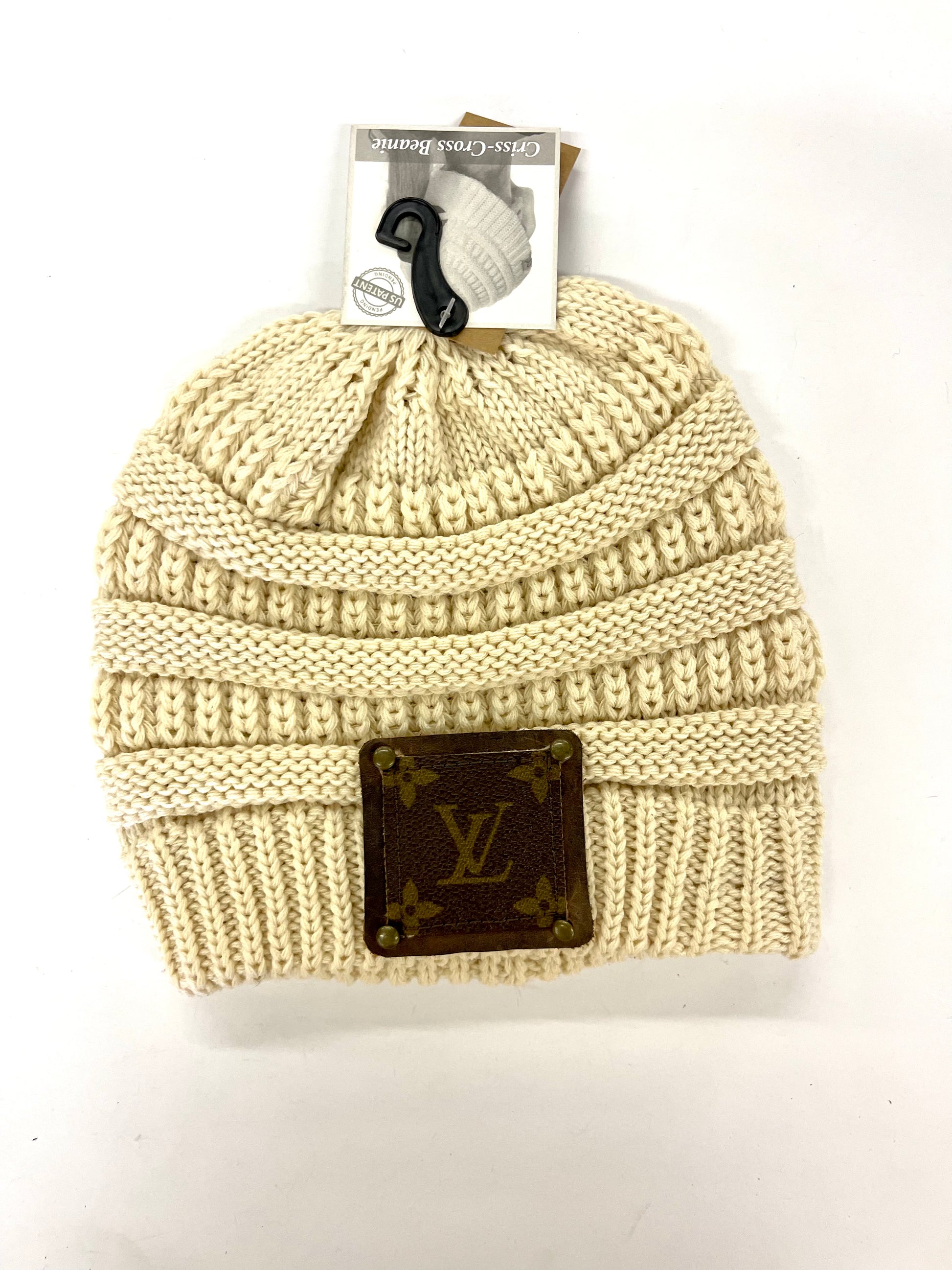 Cream Beanie (x-cross pony back) with brown patch antique hardware - Patches Of Upcycling