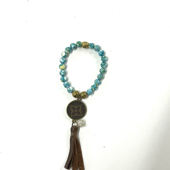 Hand beaded blue & green agate stretchy bracelet with gold pendant & fringe - Patches Of Upcycling