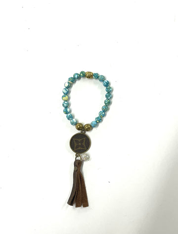 Hand beaded blue & green agate stretchy bracelet with gold pendant & fringe - Patches Of Upcycling