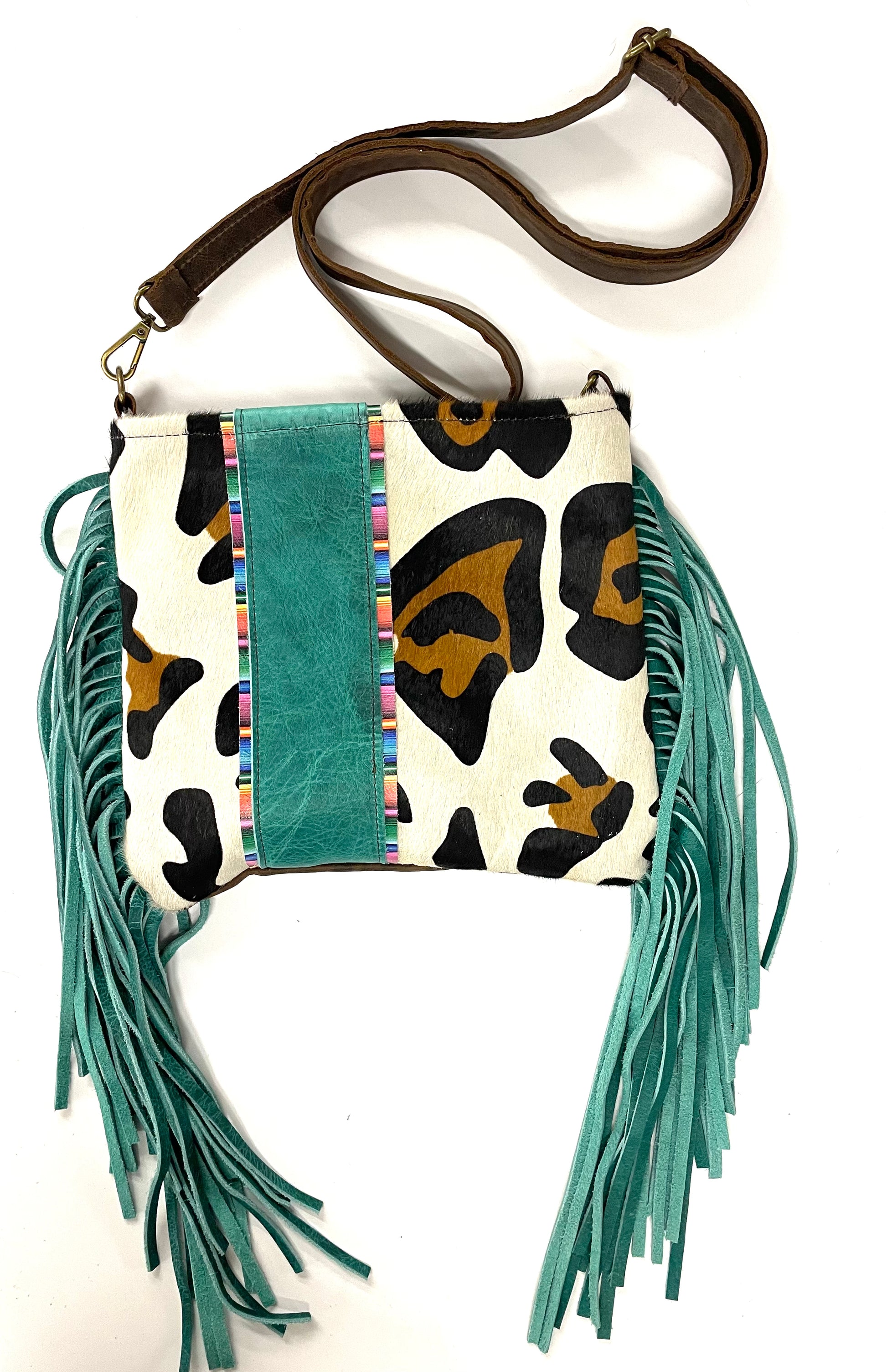 Medium Crossbody large leopard with turquoise/serape strip - Patches Of Upcycling