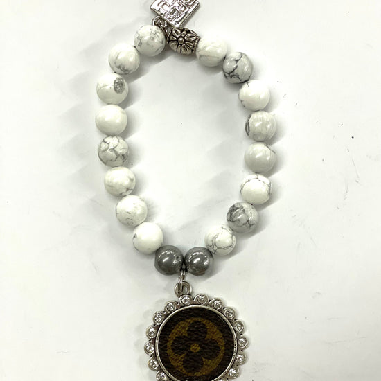 Hand beaded white marble bead stretchy bracelet with silver 25mm pendant - Patches Of Upcycling
