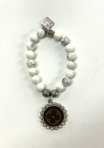 Hand beaded white marble bead stretchy bracelet with silver 25mm pendant - Patches Of Upcycling