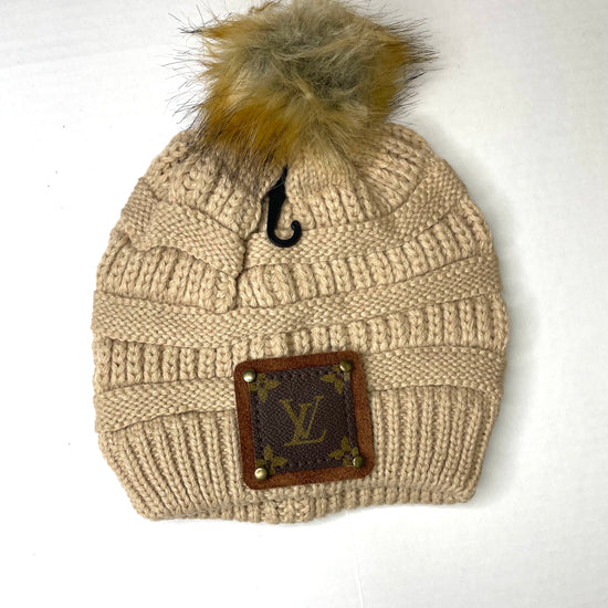 Beanie with LV patch and antique hardware in camel - Patches Of Upcycling