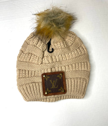 Beanie with LV patch and antique hardware in camel - Patches Of Upcycling