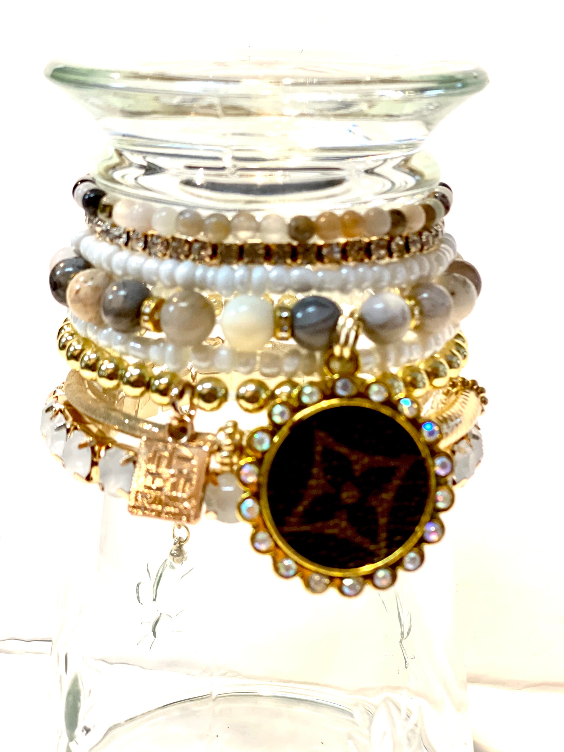 Stone Agate in Browns- Stacked bracelet circle Gold AB - Patches Of Upcycling