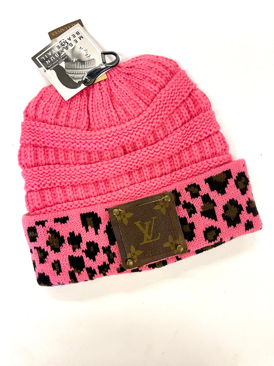 Pink Leopard Beanie (top pony tail hole) with brown patch antique hardware - Patches Of Upcycling