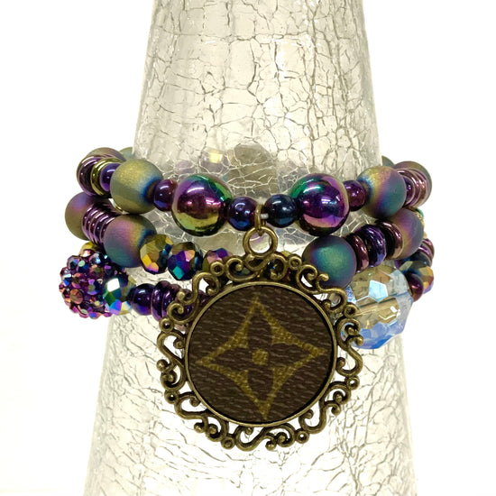 Hand beaded bracelet set iridescent beads with antique scroll pendant - Patches Of Upcycling