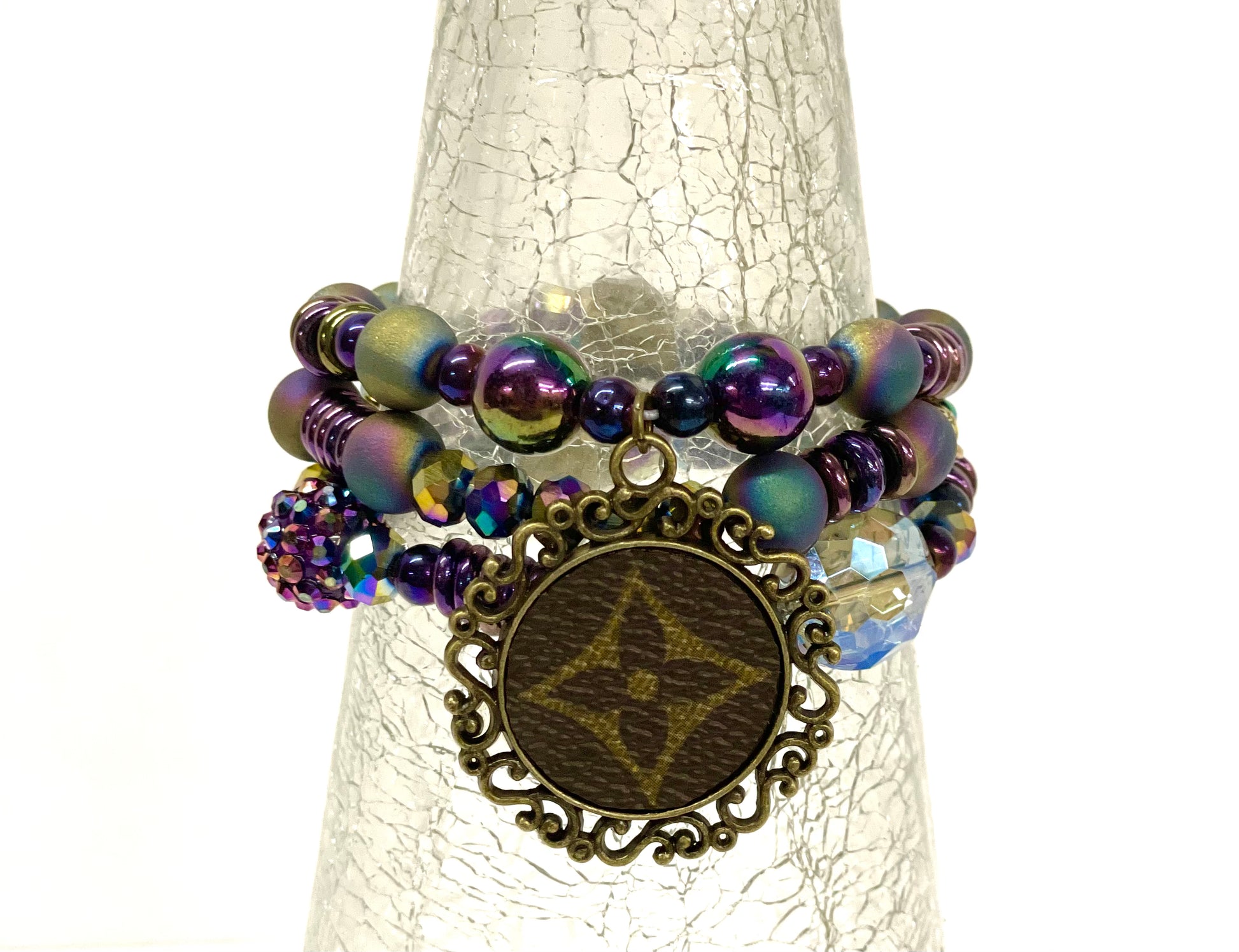 Hand beaded bracelet set iridescent beads with antique scroll pendant - Patches Of Upcycling