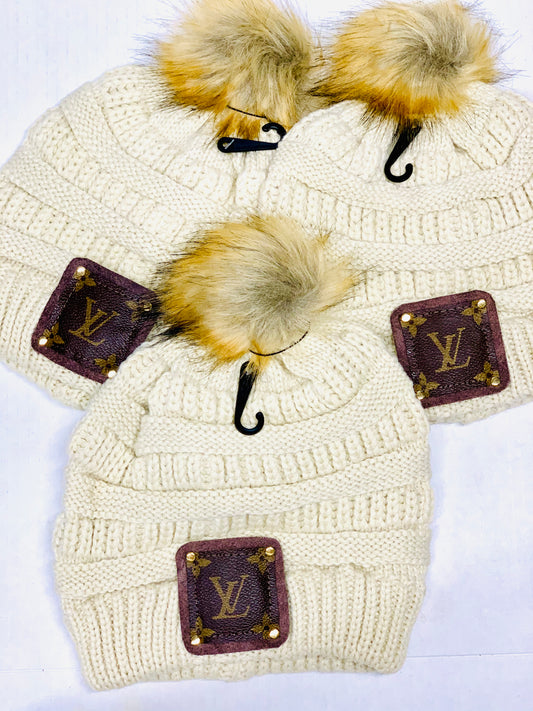 Beanie with LV patch and antique hardware - Patches Of Upcycling Cream Hats Patches Of Upcycling