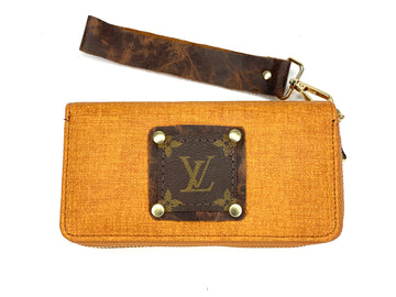 Double Wristlet Wallet Light orange/tan cork (brown patch, gold hardware) - Patches Of Upcycling