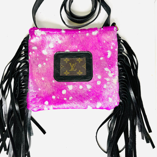 Medium Crossbody - Hot Pink in Acid Silver - Black with Patch - Patches Of Upcycling