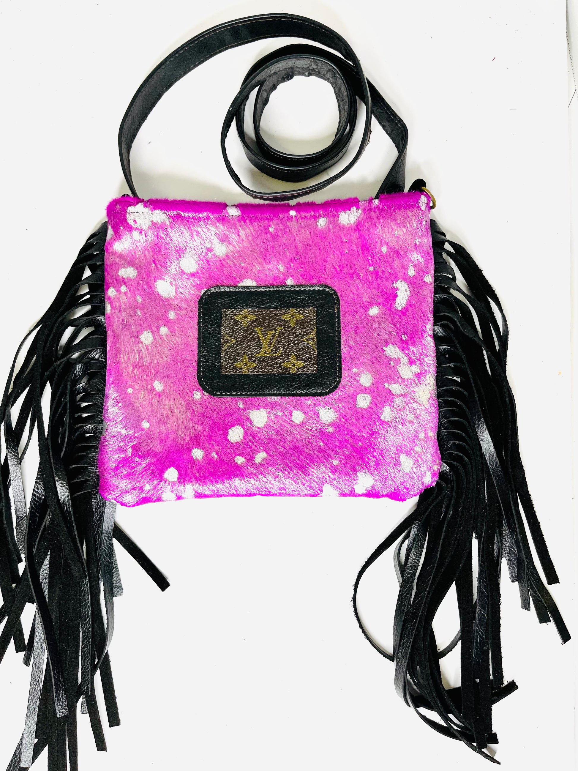Medium Crossbody - Hot Pink in Acid Silver - Black with Patch - Patches Of Upcycling