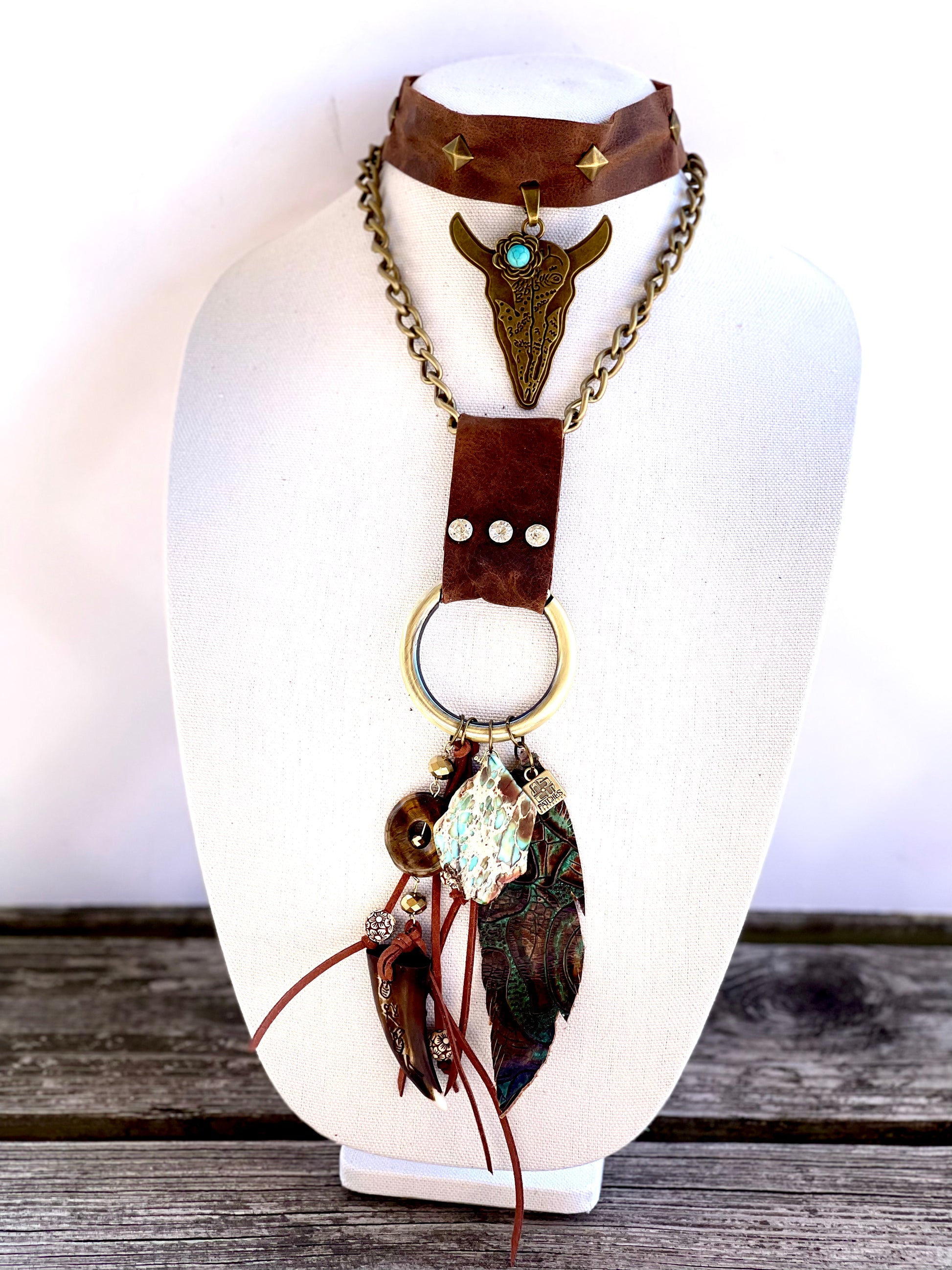 Limited Edition Leather chunky necklace with turquoise, feather and other statement pieces - Patches Of Upcycling
