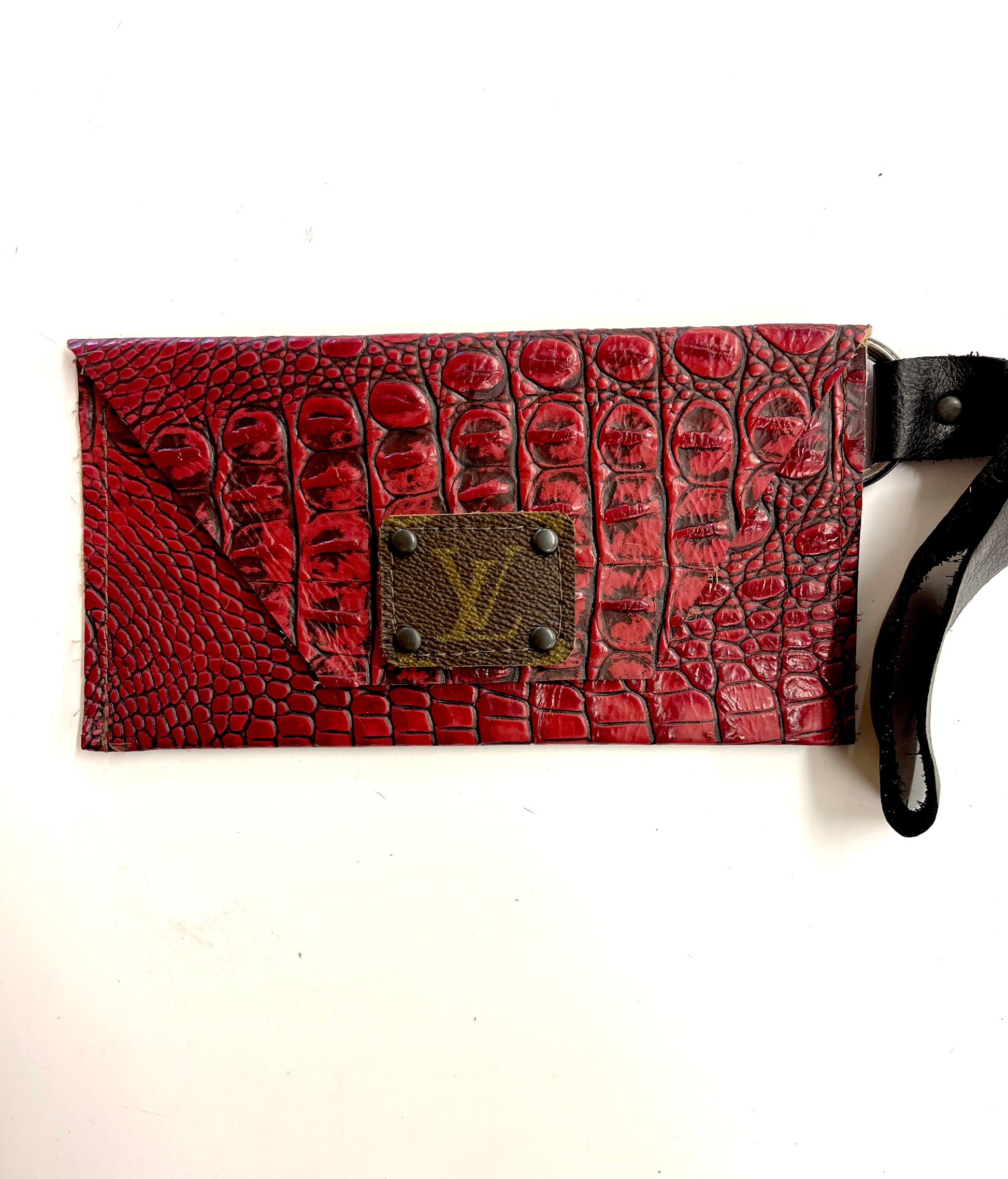 Embossed Red Croc Hide Petite Snap Wristlet - Patches Of Upcycling