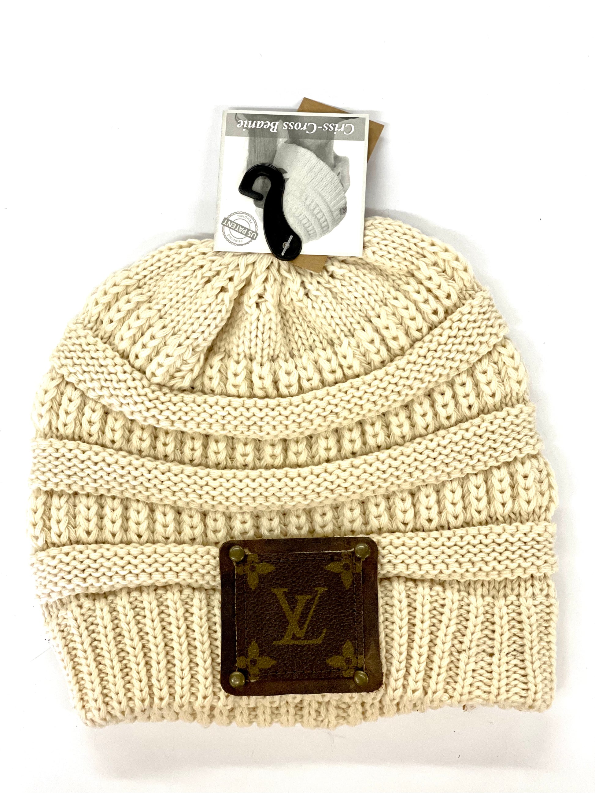 Cream Beanie (x-cross pony back) with brown patch antique hardware - Patches Of Upcycling