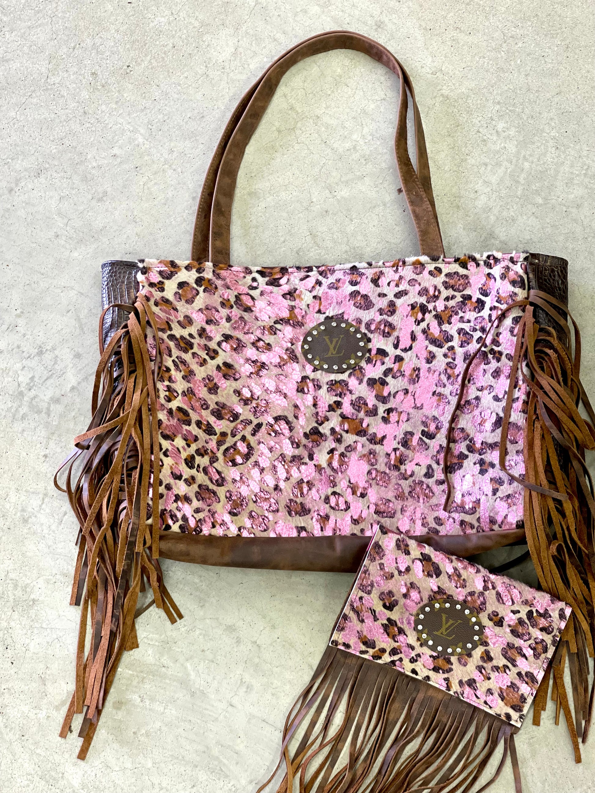 Leather Tote in Brown Crocodile and Acid Pink Leopard, Brown Patch - Patches Of Upcycling