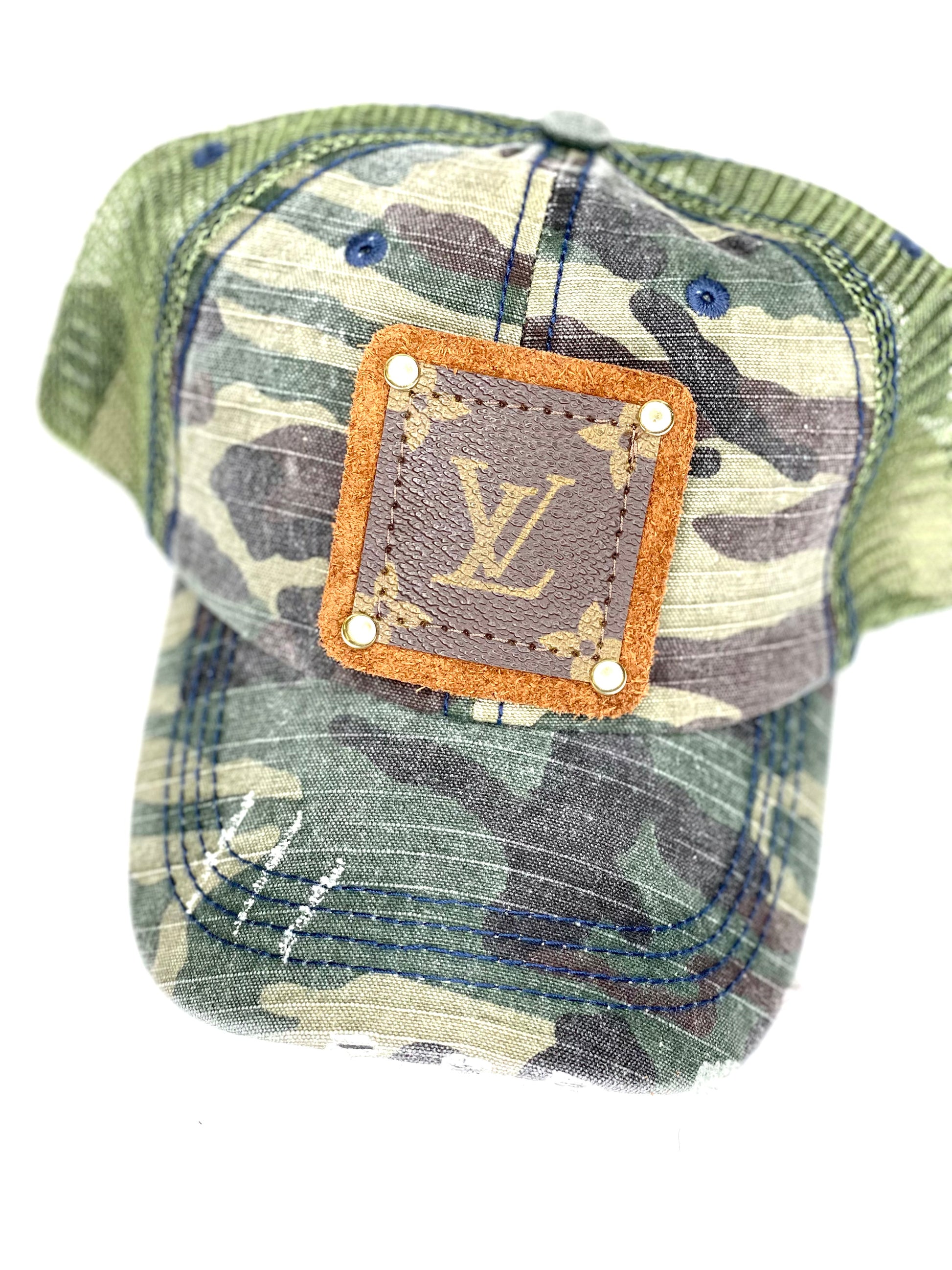 DD1 - Faded Distressed Camouflage Pony Trucker Hat Green Mesh Back Brown/Antique - Patches Of Upcycling