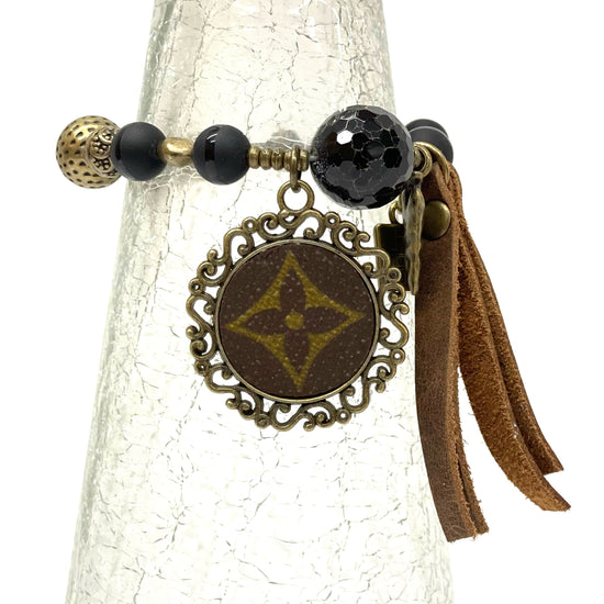 Stone- Black & antique hand beaded bracelet with round pendant - Patches Of Upcycling