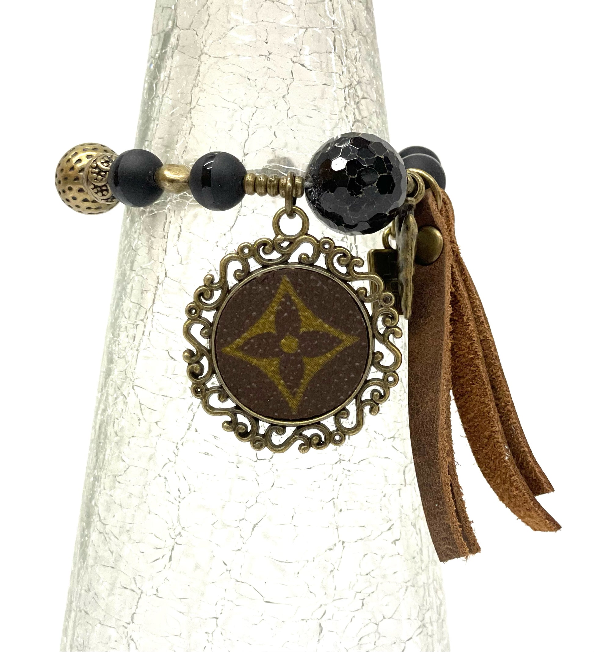 Stone- Black & antique hand beaded bracelet with round pendant - Patches Of Upcycling