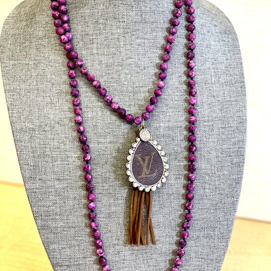 Stone- Pink/purple necklace with large teardrop pendant - Patches Of Upcycling