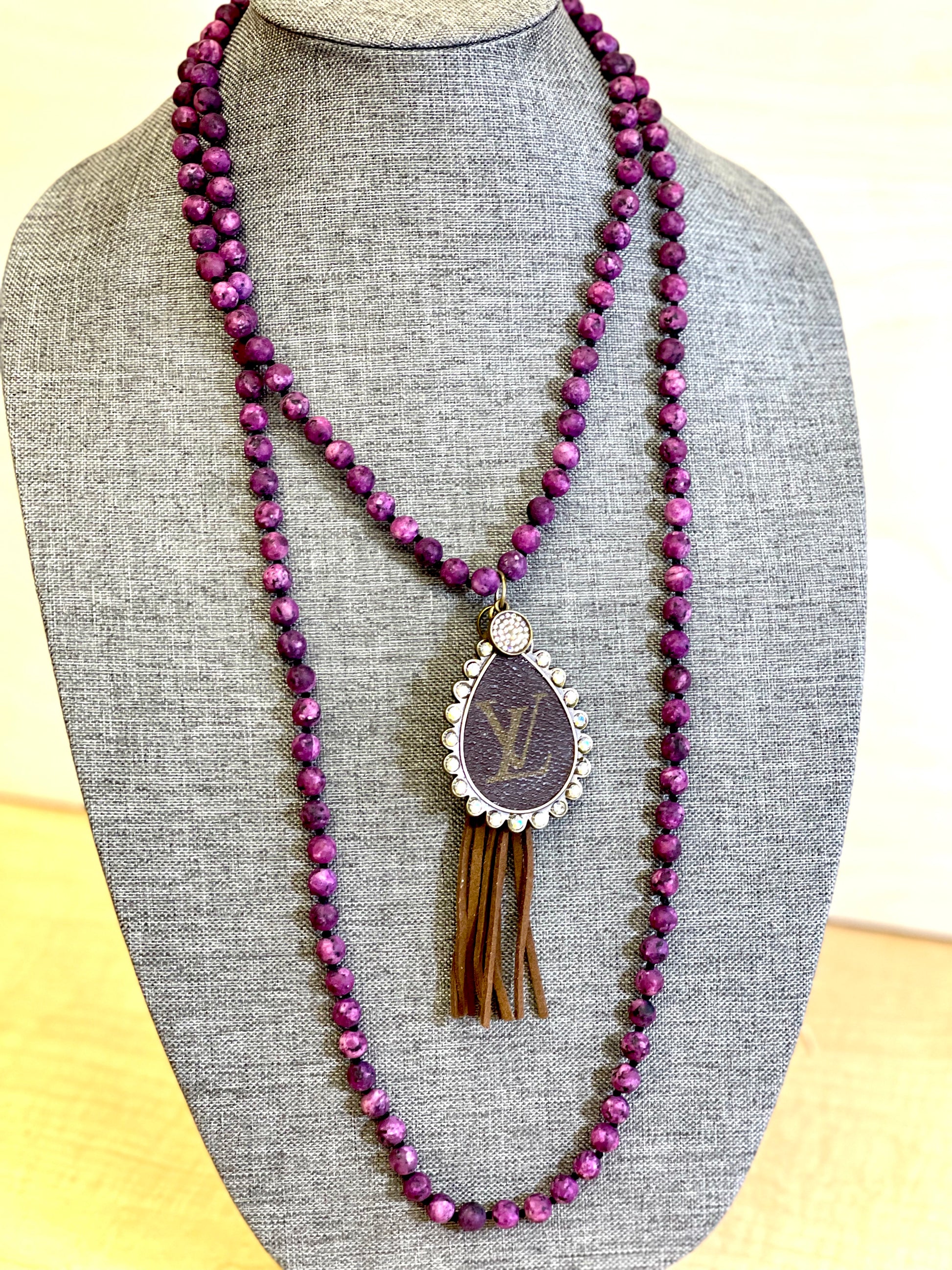 Stone- Pink/purple necklace with large teardrop pendant - Patches Of Upcycling