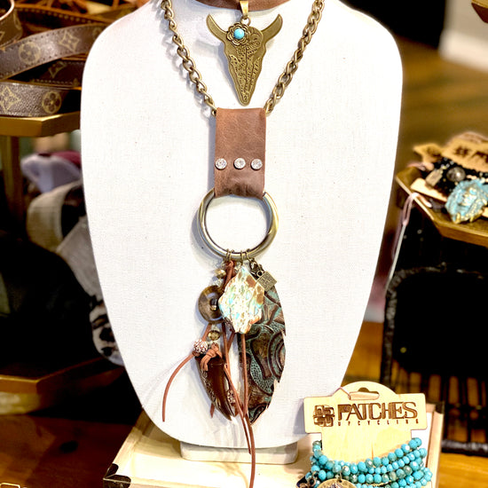 Limited Edition Leather chunky necklace with turquoise, feather and other statement pieces - Patches Of Upcycling