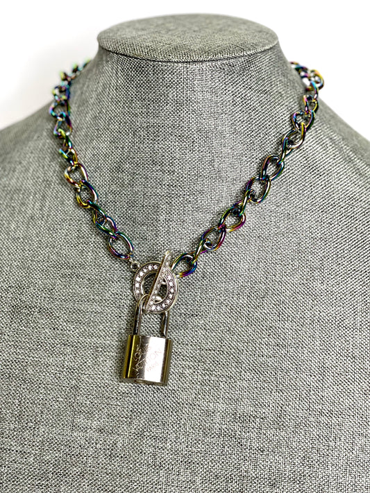 Lock & Chain necklace in rainbow, silver toggle Clear Rhinestone - Patches Of Upcycling