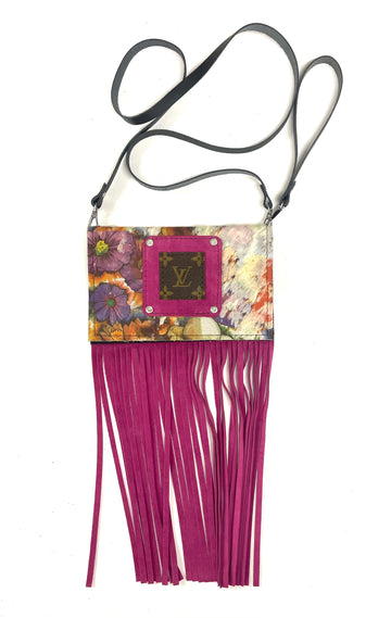 Small Crossbody in floral with pink patch and rhinestones - Patches Of Upcycling