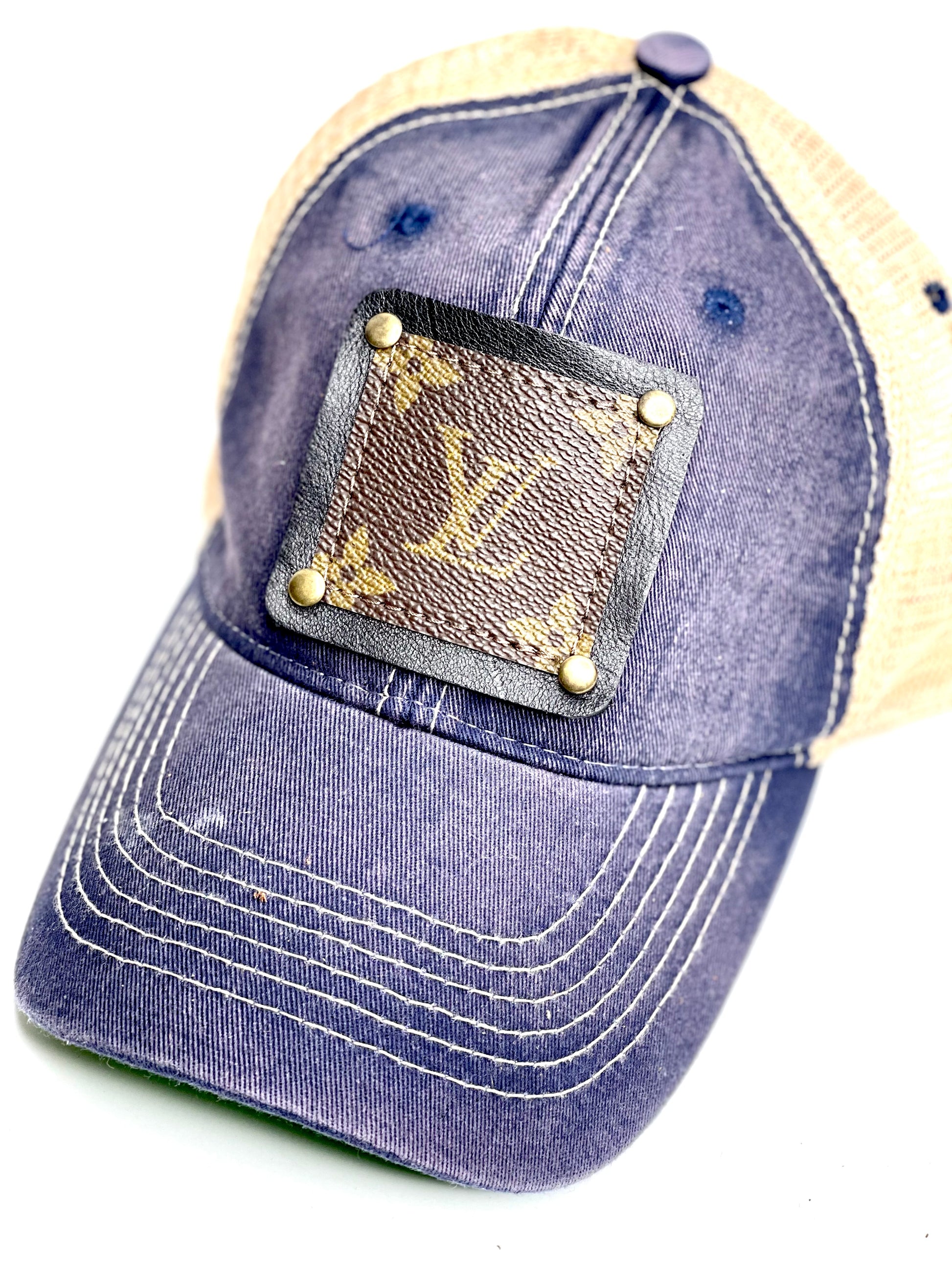 QQ3 - Faded Blue/Purple Trucker Hat Cream back Black/Antique - Patches Of Upcycling