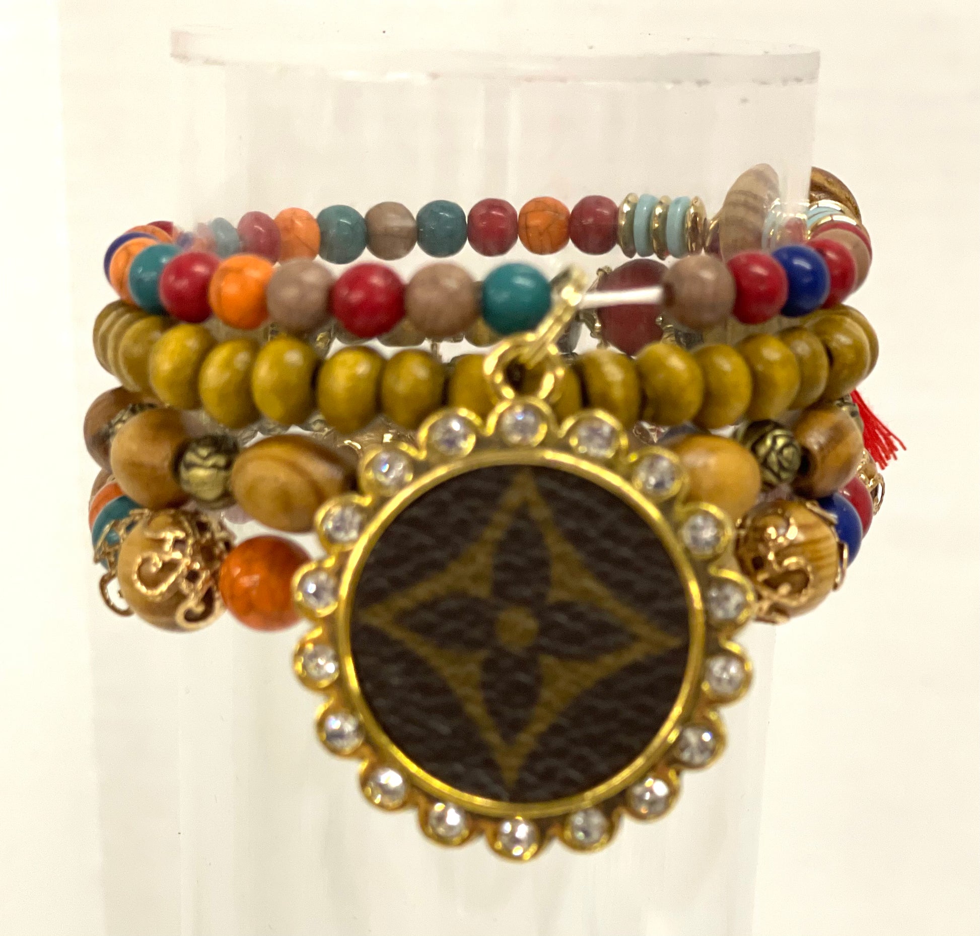 Multi colored wooden beads Stacked Bracelet set- gold circle - Patches Of Upcycling