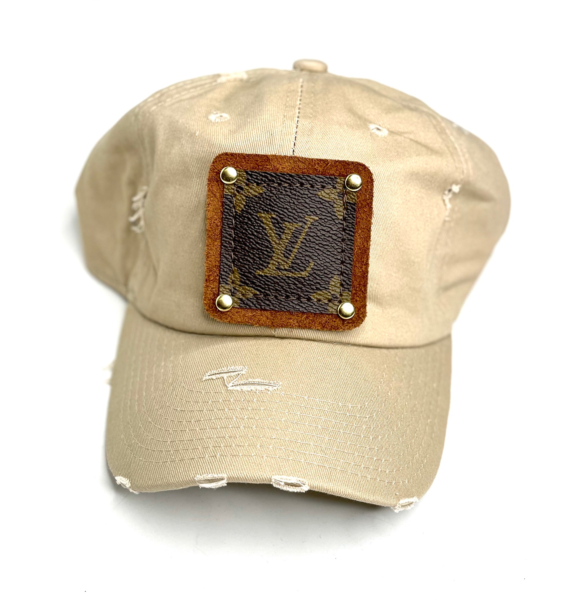 GG6 - khaki Distressed Dad Hat Brown/Gold - Patches Of Upcycling