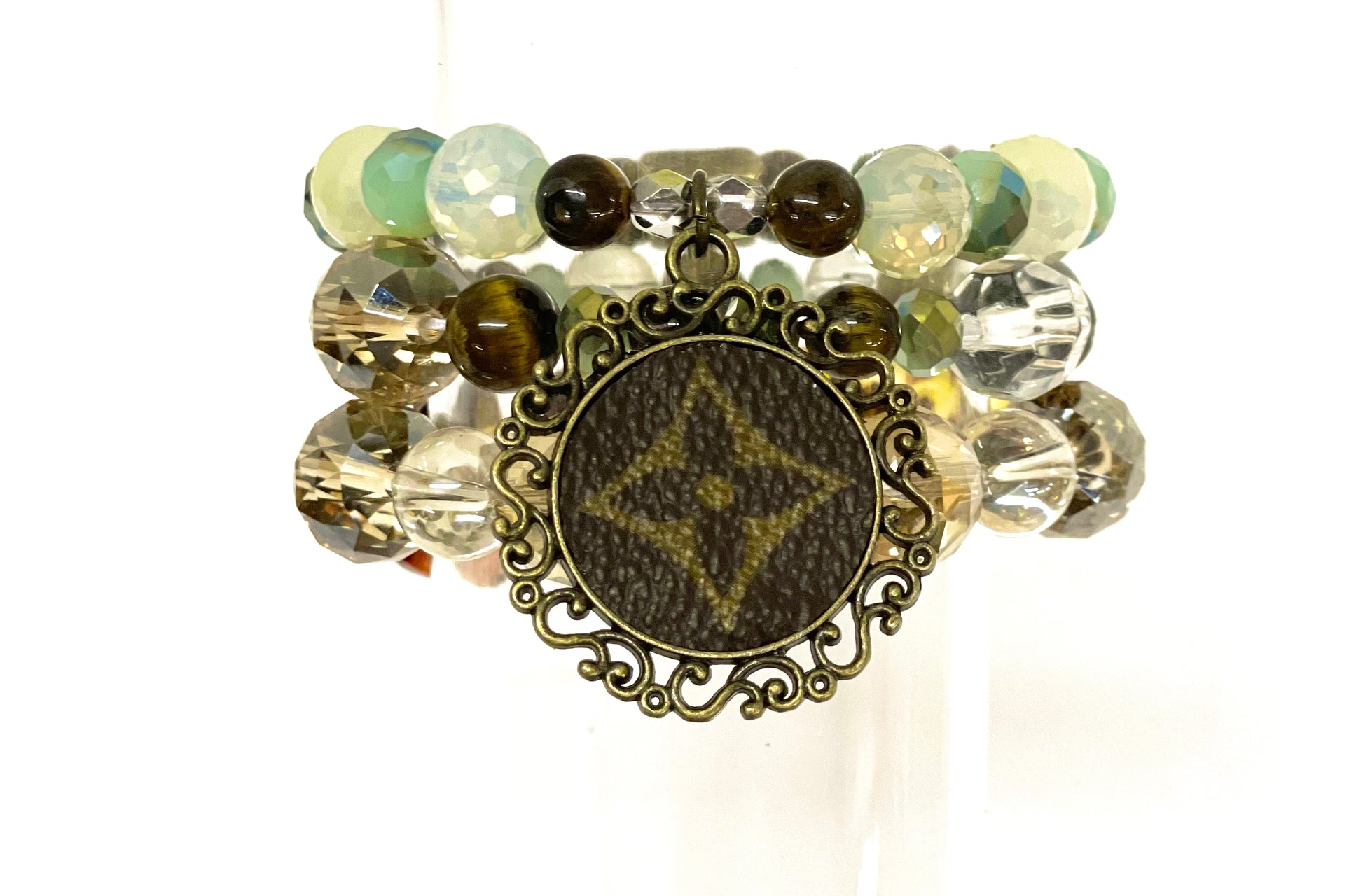 Hand beaded bracelet set “sea glass” with antique scroll pendant - Patches Of Upcycling