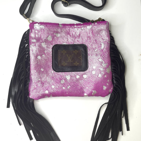 Medium Crossbody - hot pink with silver acid wash (patch) - Patches Of Upcycling