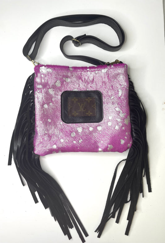 Medium Crossbody - hot pink with silver acid wash (patch) - Patches Of Upcycling