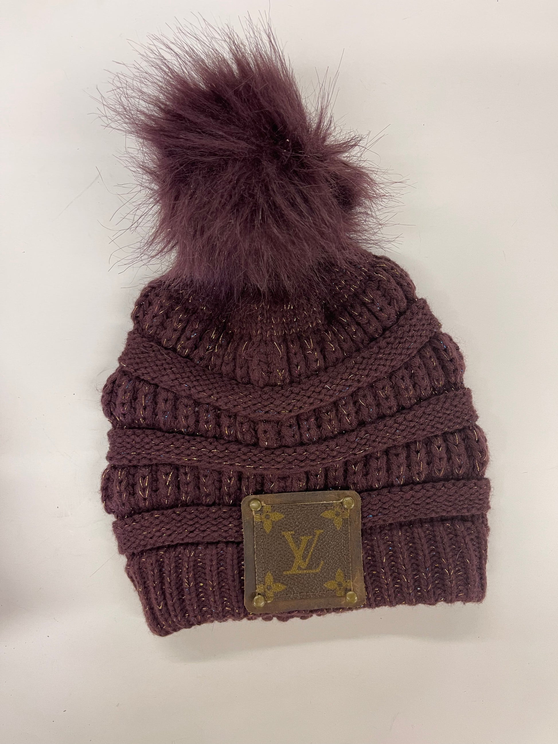 Maroon Beanie (iridescent in the yarn) with brown patch antique hardware - Patches Of Upcycling