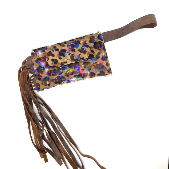 Petite Snap Wristlet with fringe in leopard & rainbow acid wash ( no patch) - Patches Of Upcycling