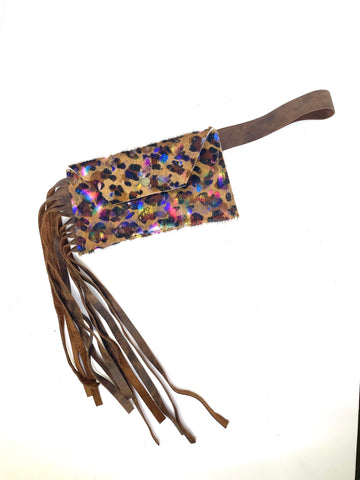 Petite Snap Wristlet with fringe in leopard & rainbow acid wash ( no patch) - Patches Of Upcycling