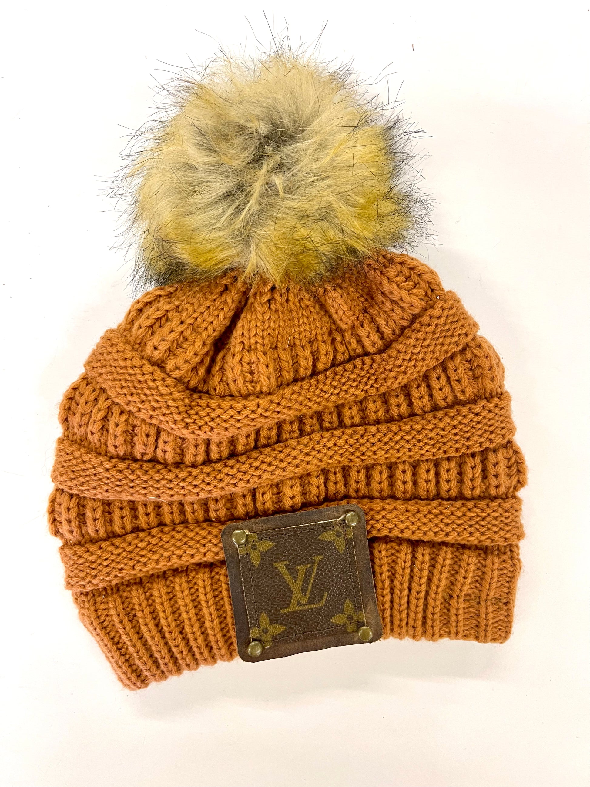 Burnt Orange Beanie with brown patch antique hardware - Patches Of Upcycling