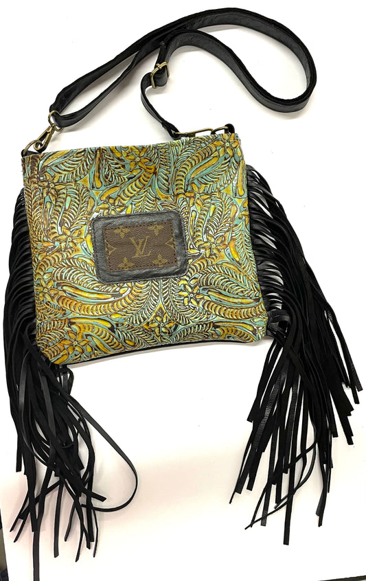 Medium Crossbody - Turquoise & yellow swirl- Black with Patch - Patches Of Upcycling