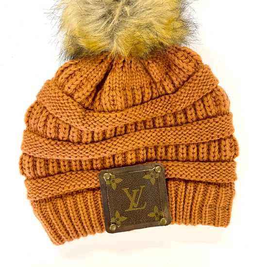 Burnt Orange Beanie with brown patch antique hardware - Patches Of Upcycling