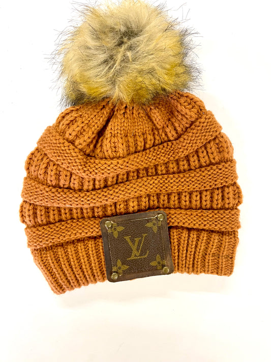 Burnt Orange Beanie with brown patch antique hardware - Patches Of Upcycling