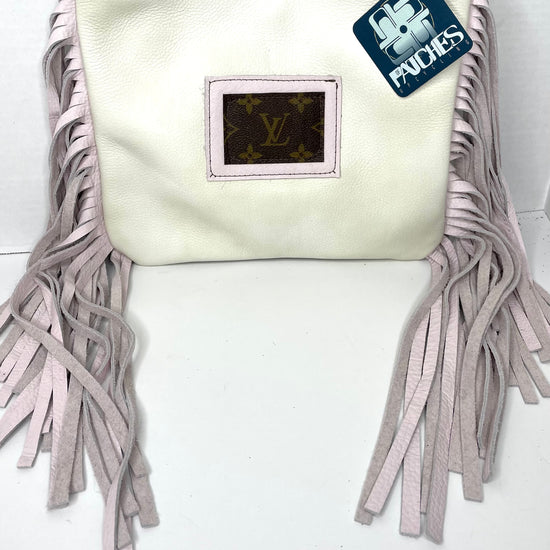 Medium Crossbody white in pink Patch- brown backing - Patches Of Upcycling